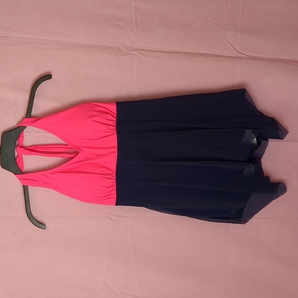 Neon Pink and Blue V Neck One Piece Swimsuit with Sheer Skirt Overlay size Large - Picture 5 of 9